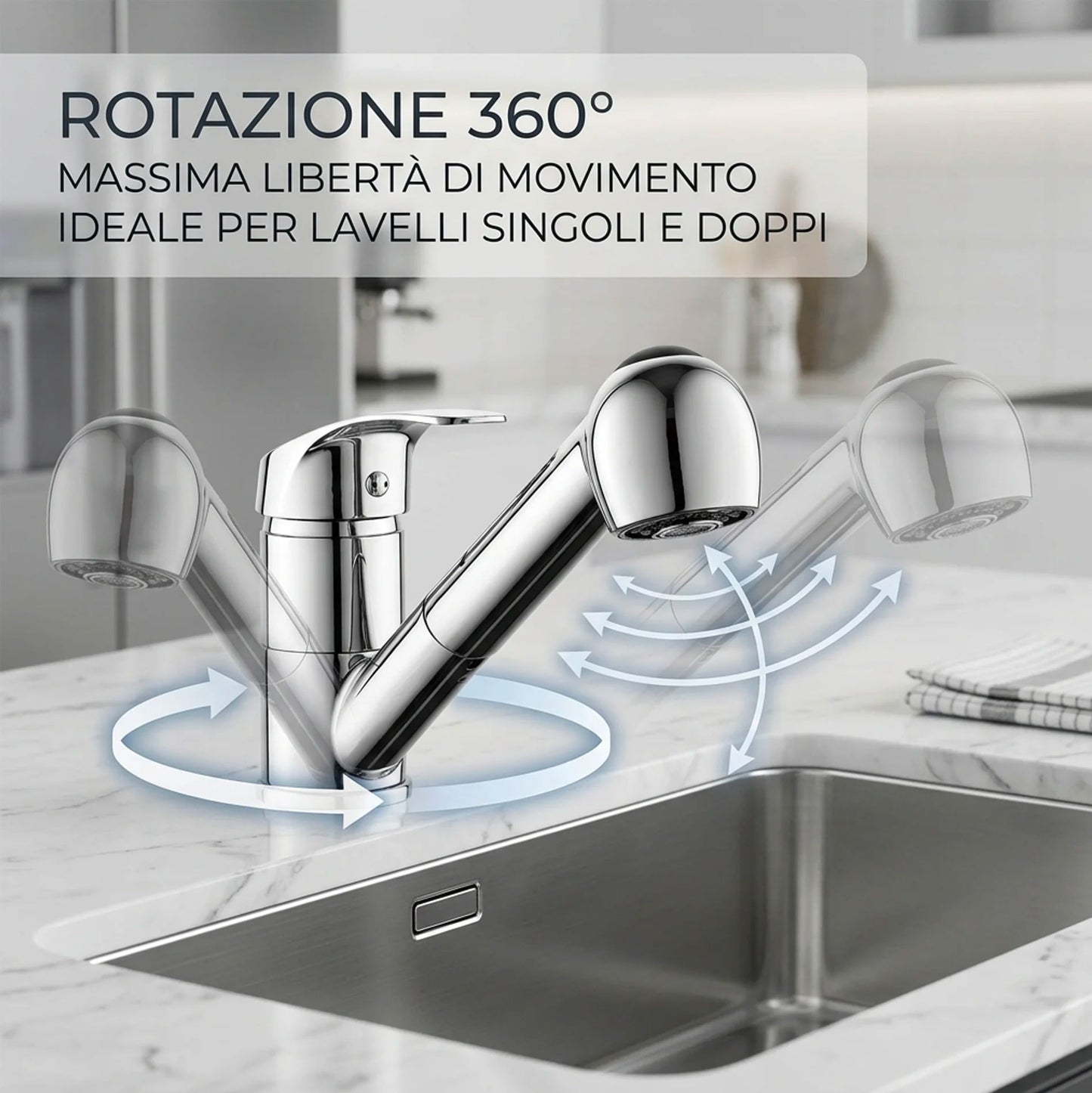 Rubinetto Cucina con Doccetta Estraibile 360° Cromato Miscelatore Monocomando Lavello con Doppio Getto e Acqua Calda Fredda