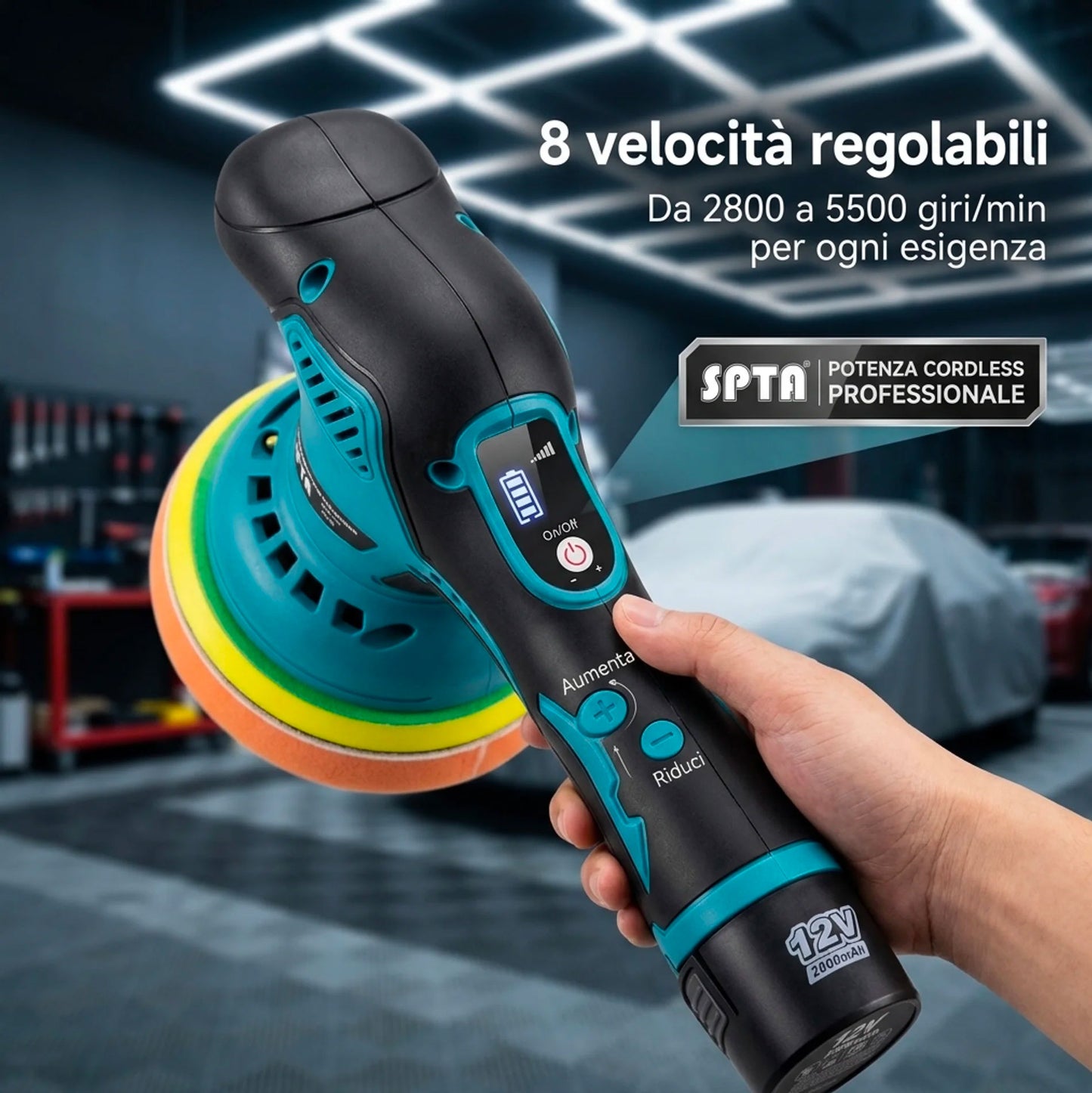 Lucidatrice Auto Senza Filo con 2 Batterie 8 Velocità | Levigatrice Rotorbitale 125mm Professionale per Carrozzeria Legno Metallo