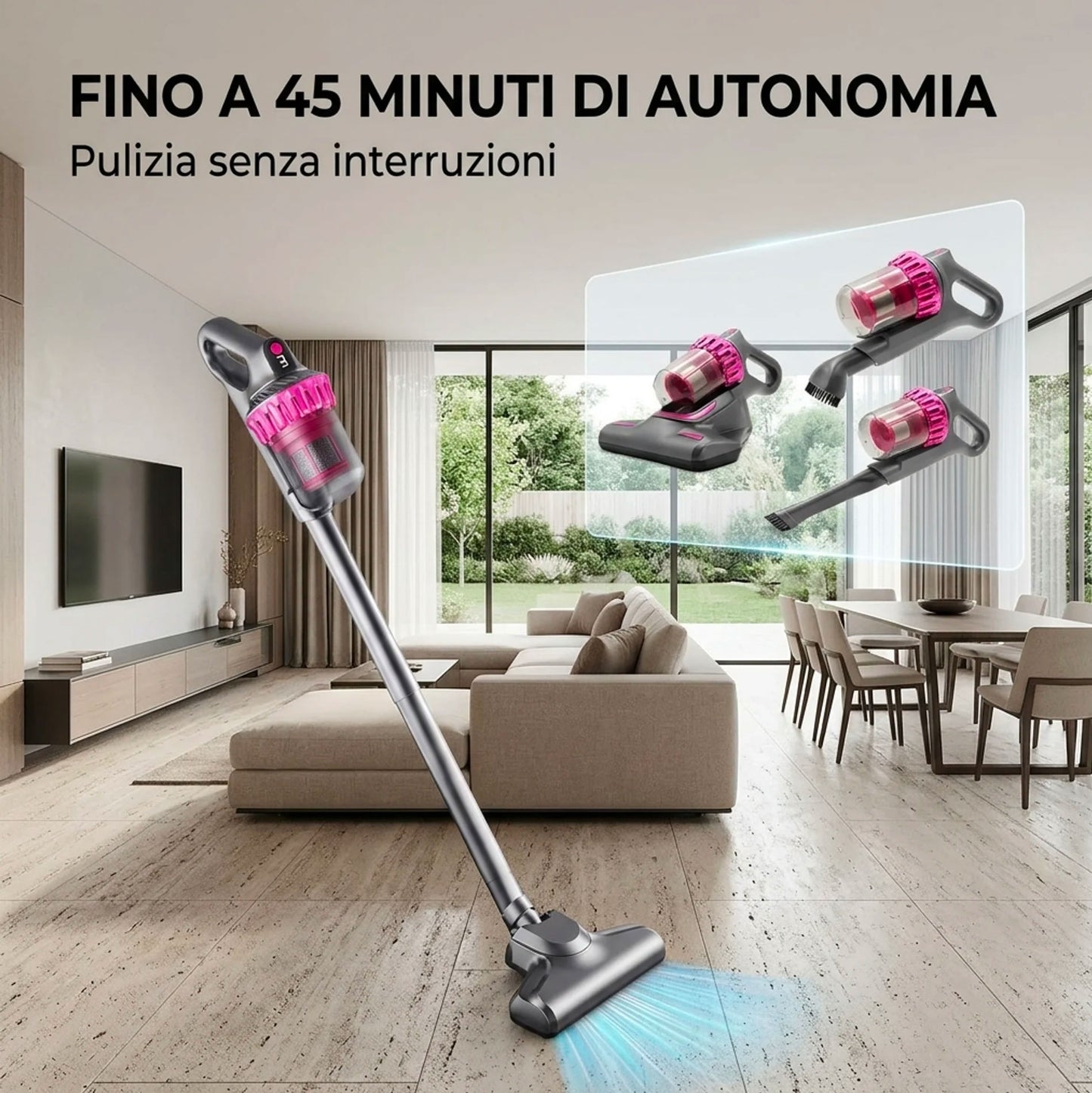 Aspirapolvere Senza Fili 4 in 1 100W con Luce UV-C – Aspirazione 10000Pa, 3 Velocità, Filtro HEPA, Autonomia 45 Minuti