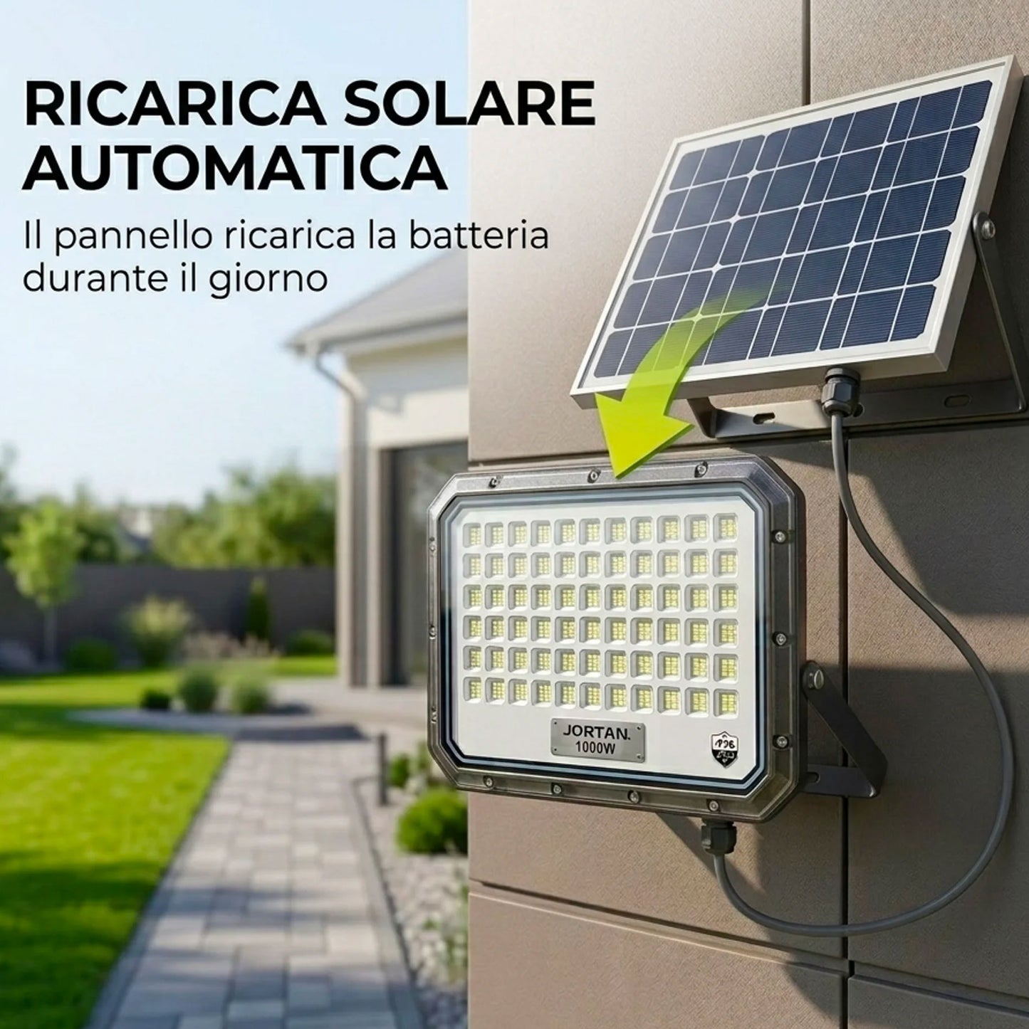 Faro Solare LED 1000W da Esterno con Pannello Fotovoltaico IP66 e Telecomando – Faretto Crepuscolare Automatico Alta Potenza per Giardino, Cortile, Parcheggio e Ingressi