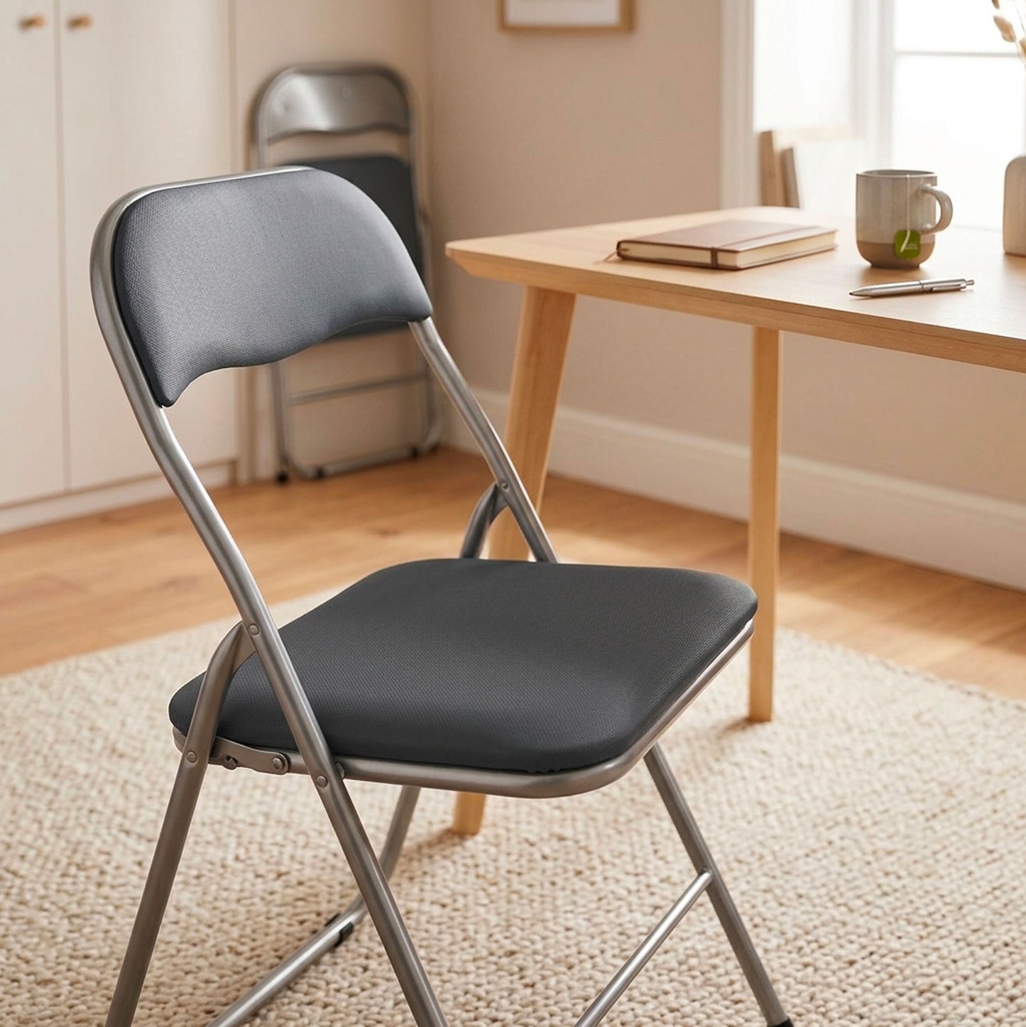 Kit 6 Sedie Pieghevoli in Metallo Argento con Cuscino PVC Grigio Scuro – Sedie Salvaspazio Resistenti per Casa Ufficio Eventi Cucina Sala Riunioni