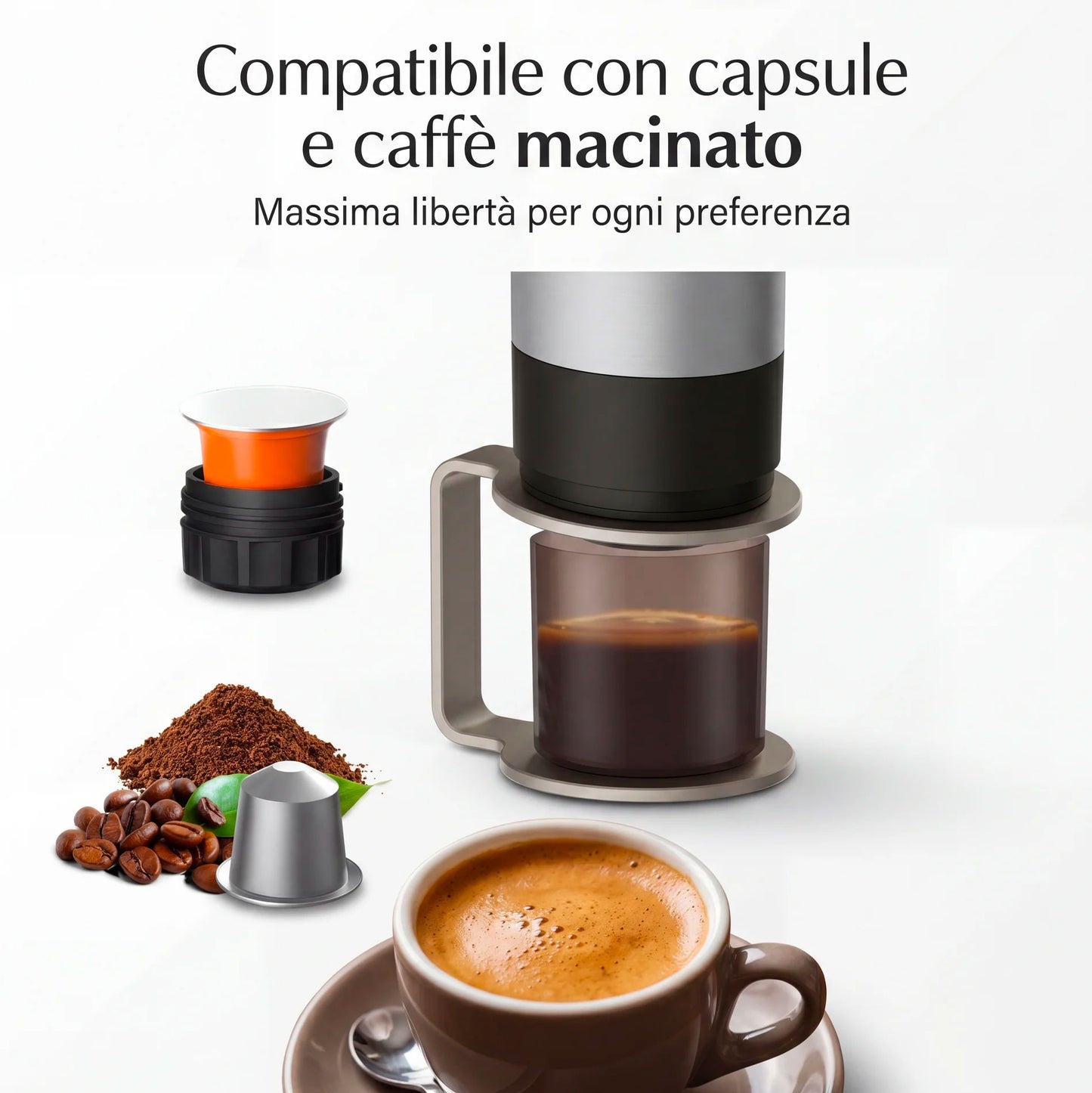 Macchina da Caffè Portatile 2-in-1, Macchina per Caffè Espresso Portatile con Display LED e Serbatoio 90 ml, Compatibile con Caffè Macinato e Capsule