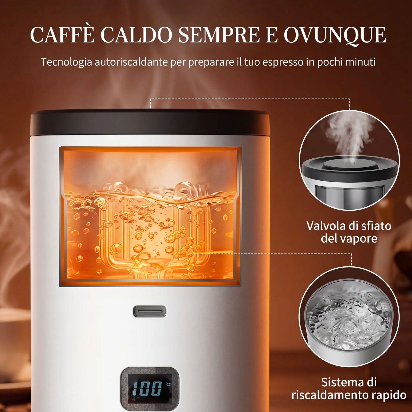 Macchina da Caffè Portatile 2-in-1, Macchina per Caffè Espresso Portatile con Display LED e Serbatoio 90 ml, Compatibile con Caffè Macinato e Capsule