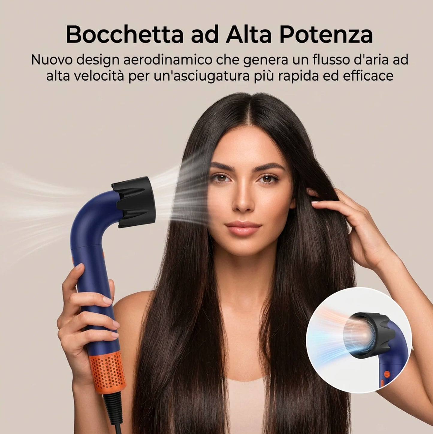 Asciugacapelli Ionico Professionale Senza Pale Alta Potenza Silenzioso con Tecnologia Vortex Air 3 Velocità 4 Temperature Bocchetta Magnetica Styling Rapido Anti Crespo