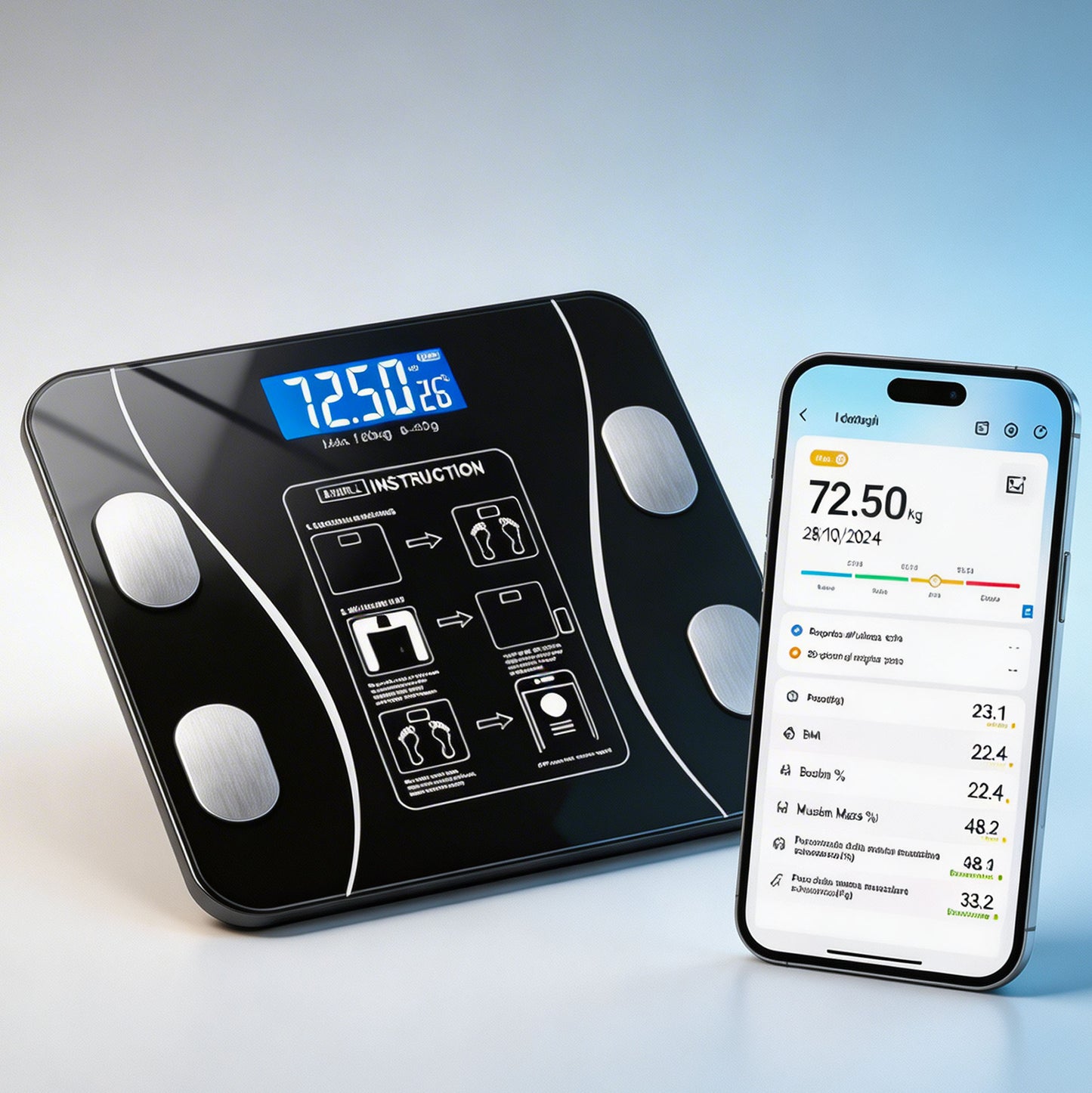Bilancia Pesapersone Smart Bluetooth Digitale 180kg Analisi Corporea 12 Parametri BMI Grasso Muscoli App iOS Android Vetro Temperato