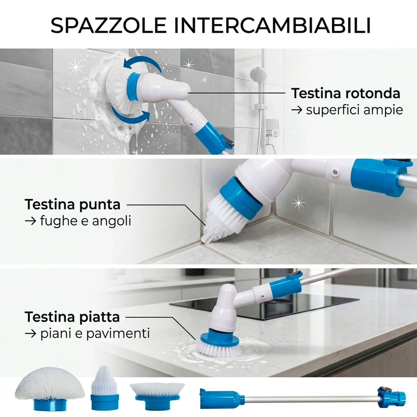 Spazzola Rotante Elettrica per Pulizia Casa | Spazzola Elettrica Multifunzione con Accessori e Manico Allungabile per Bagno, Pavimenti, Fughe e Cucina