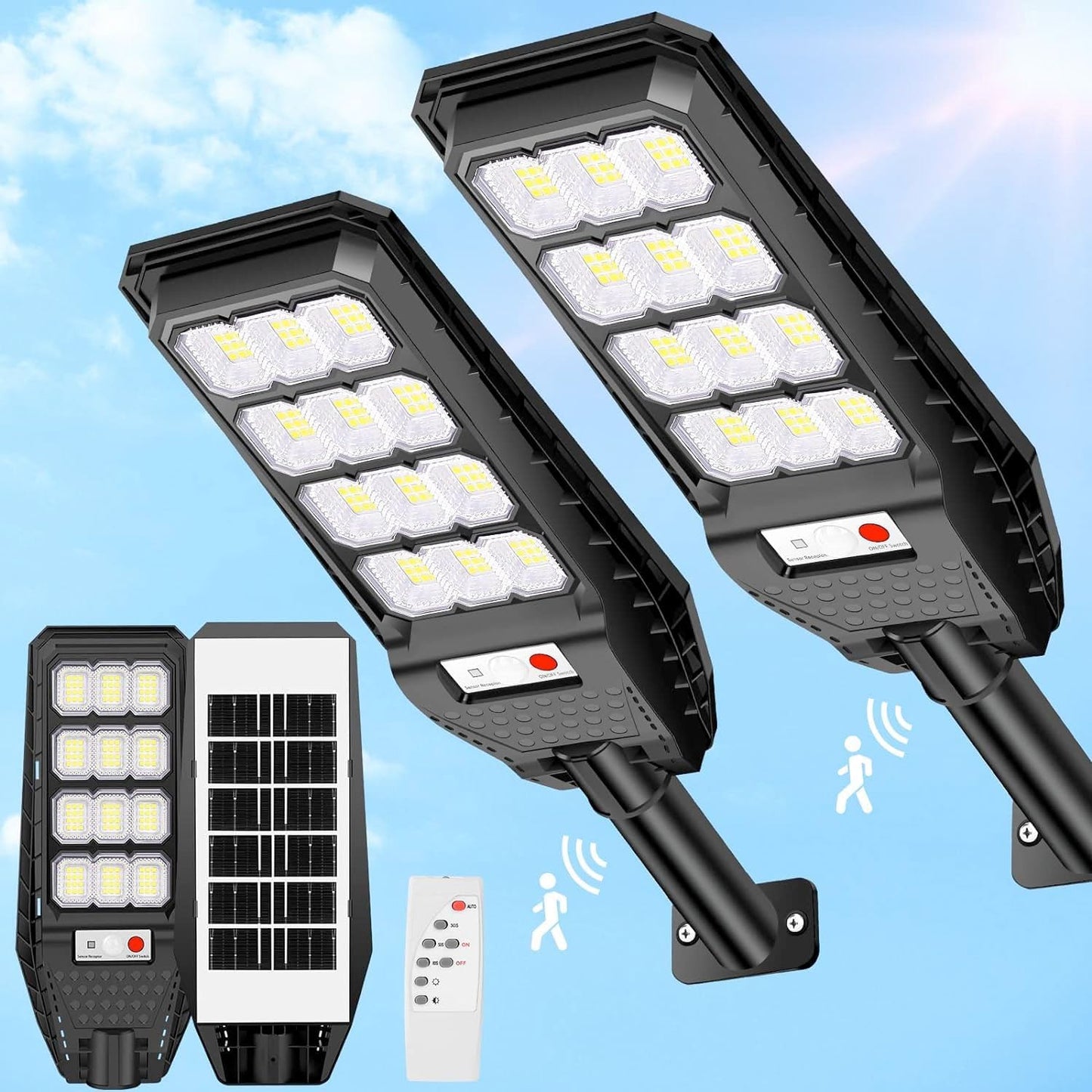 081 Store - 2 PEZZI lampione solare con 144 LED esterno 200W, con palo e telecomando, sensore di movimento e crepuscolare luce bianoc freddo 6500k